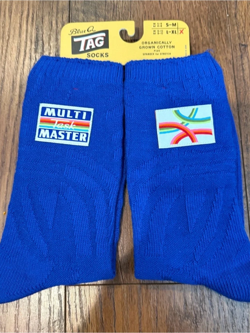 NWT Blue Q Tag Socks “Multi Task Master”, Size Large / X Large